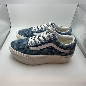 Vans Denim Checkerboard Platform Sneakers with White Stripe